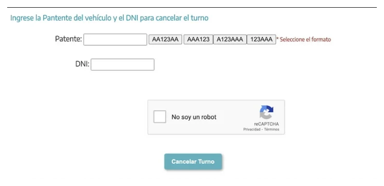 Pantalla para cancelar el turno de la VTV en Punta Alta con patente y DNI